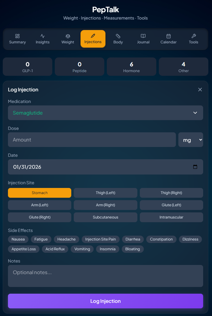 PepTalk Injections screen — doses and schedule